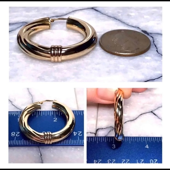 14KT DESIGNER X-LG HOOPS ~ BUTTERY RICH SOLID LUSTROUS YELLOW GOLD EARRINGS - Picture 9 of 12